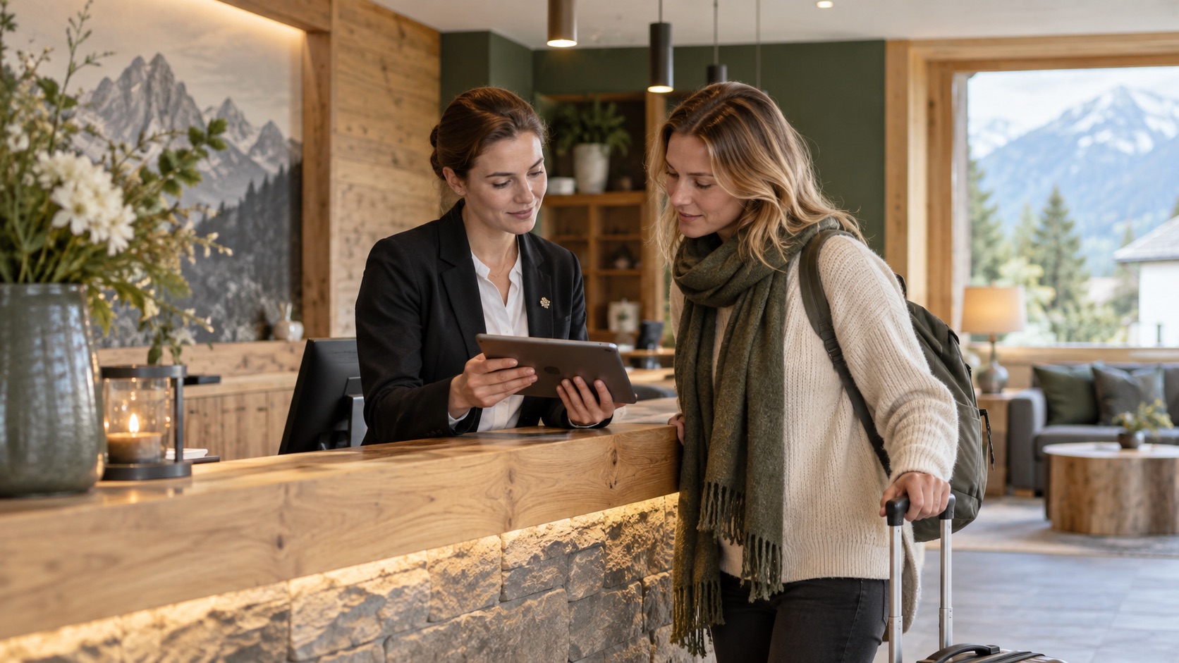 Hotelmitarbeiterin erklärt einem Gast Informationen auf einem Tablet